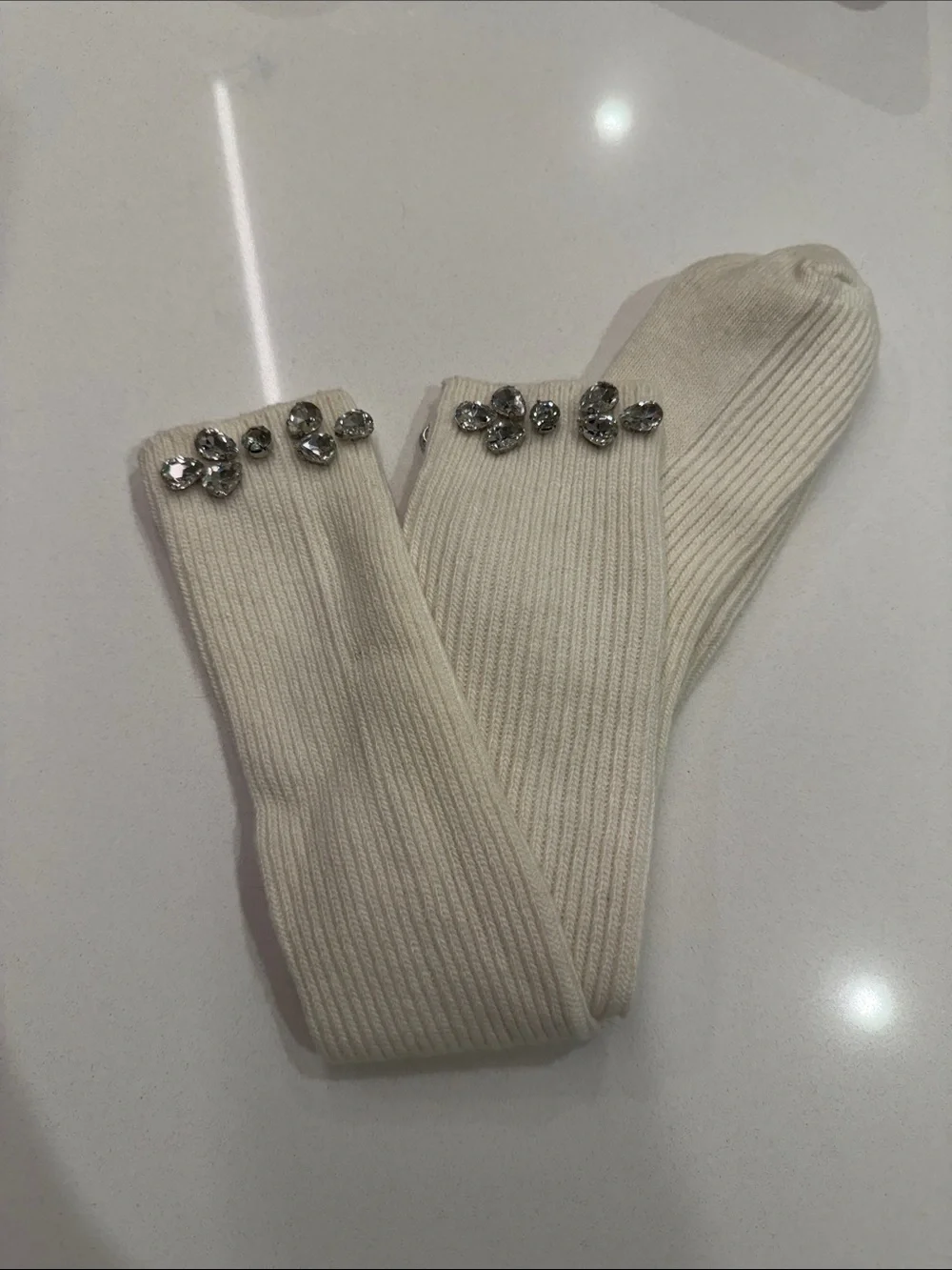 Maje New White, Ecru Long Knee High Socks With Rhinestone Embellished Size: OS